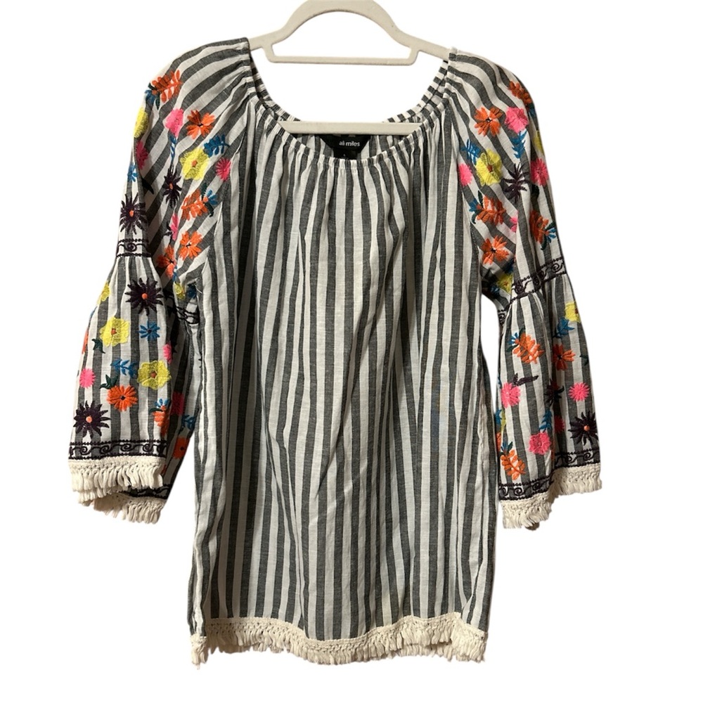Ali Miles Women’s Tunic Linen Blend Floral Embroidered Top Boho Size Large